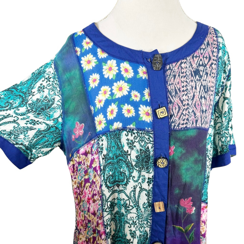 La Cera Button Dress Patchwork Boho Ethnic Midi Pockets Cottage Whimsy Size XL - Picture 3 of 10